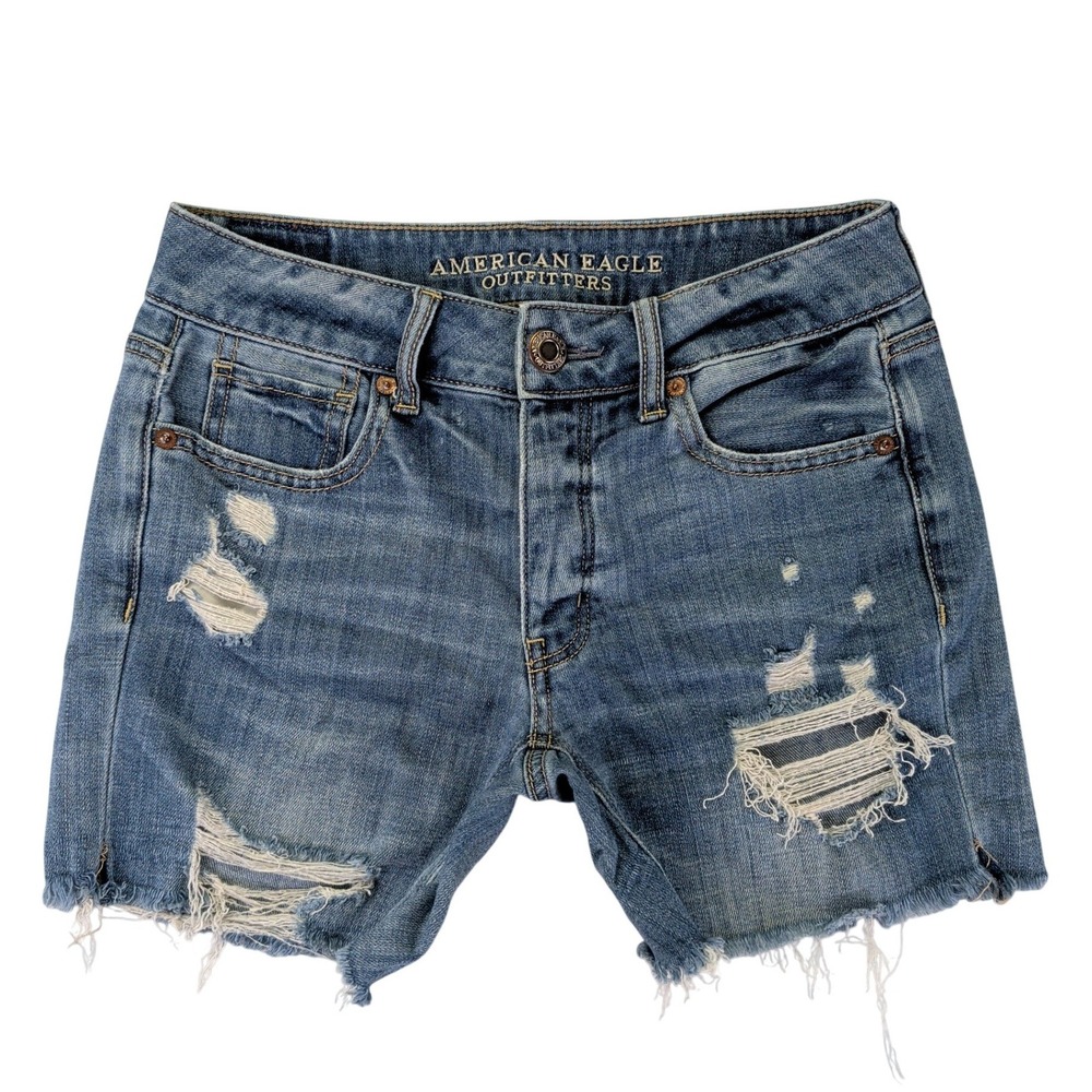 American Eagle Tomgirl‎ Distressed Jean Shorts Womens 00 Blue Denim Button Fly